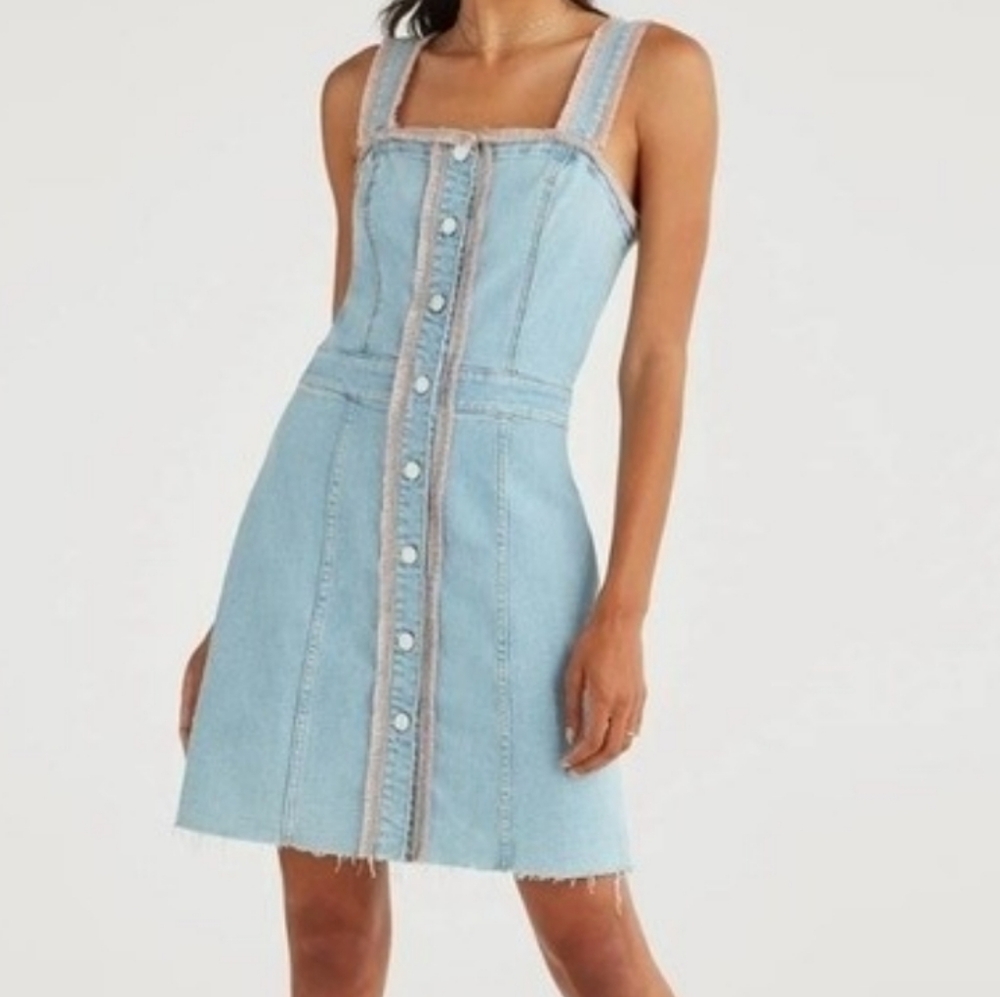 7 For All Mankind Edgy Raw Hem Denim Dress Rainbow Fringe XS Convertible Straps